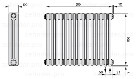 Схема (чертеж) Радиатор Zehnder Charleston 3090/15 №5510 Белый глянцевый RAL 9016